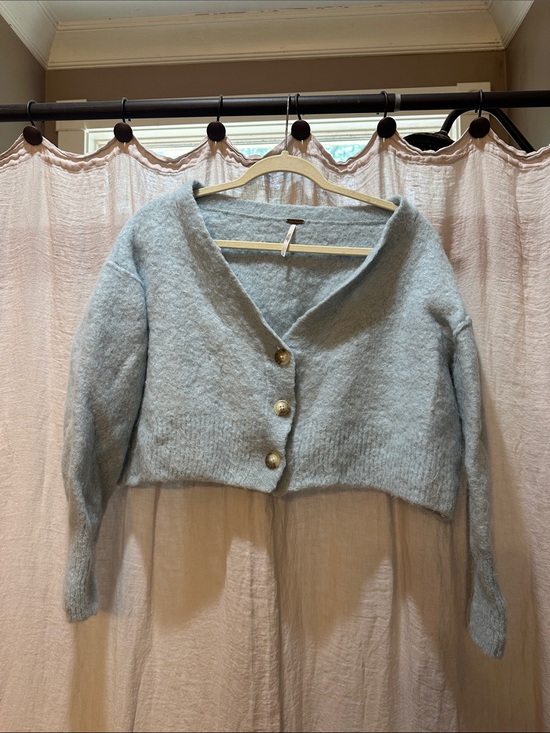 Free People Sweaters - Free People Cropped Fuzzy V‑Neck Cardigan in Light Blue